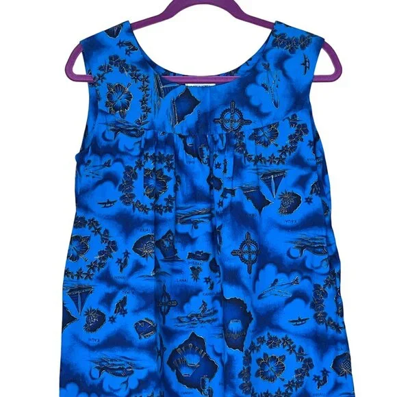 Vintage Made in Hawaii Handmade Shift Dress Blue and Gold Sz S/M Beach Vacation - Picture 3 of 10
